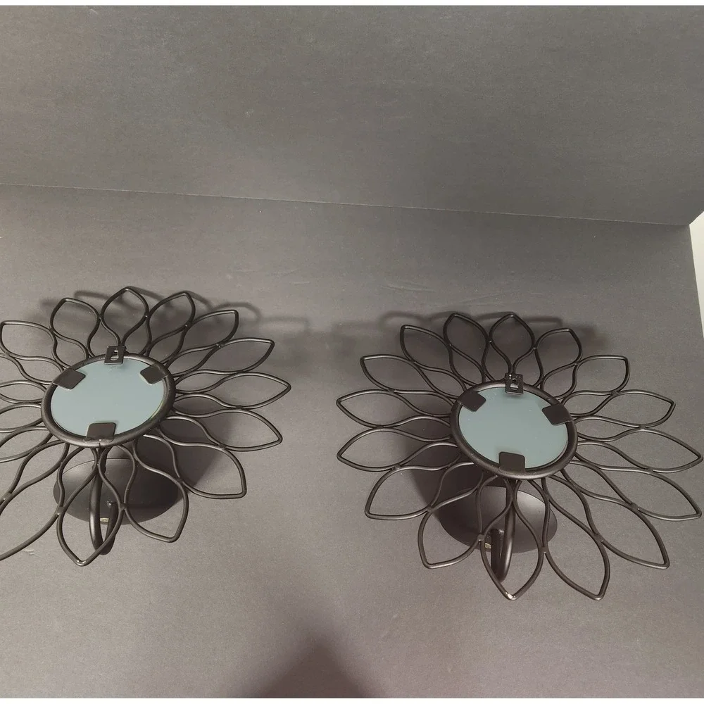 UNBRANDED Flower Wall Sconce Set OS Black Metal Mirror Candle Holder Home Decor